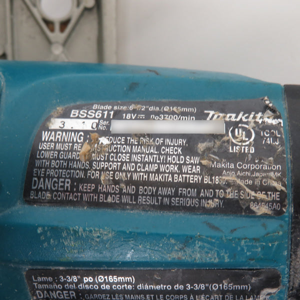 makita (マキタ) 18V対応 165mm 充電式マルノコ USA仕様 本体のみ スペーサー装着済 穴あきあり 安全カバーのバネ欠品 BSS611 中古