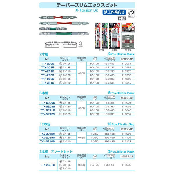 SUNFLAG 新亀製作所 テーパースリムエックスビット 両頭 2本組 鉄工作業向き H級 +2×65mm TTX-2110 219488 新品