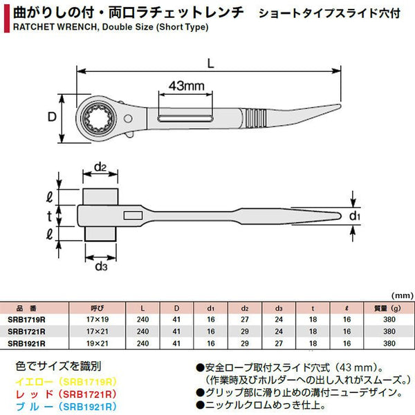 SUPER TOOL スーパーツール 曲りしの付・両口ラチェットレンチ ショートタイプ・スライド穴付 SRB1719R 255001 新品