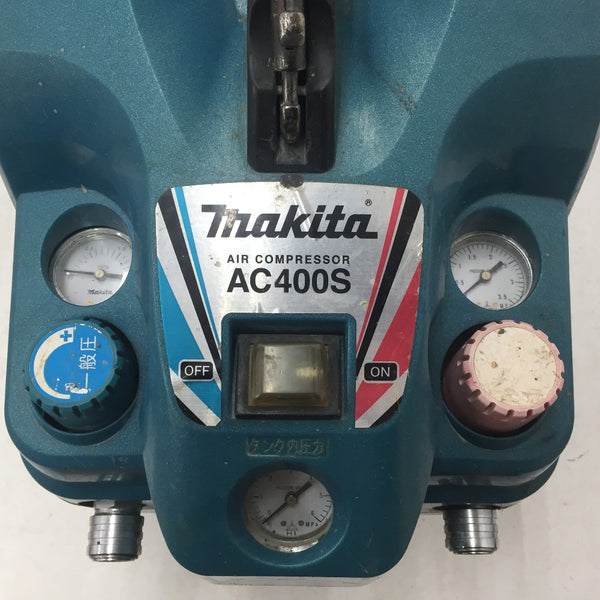 makita (マキタ) 内装エアコンプレッサ 青 3L 一般圧・高圧対応 ゴム足一か所欠品・コードリール部破損あり AC400S 中古