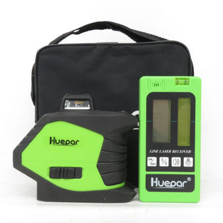 Huepar レーザー墨出器 屋内・屋外兼用 グリーンレーザー フルライン 水平・垂直・地墨・天墨 ケース・受光器・バッテリ1個セット 6211CG 中古美品